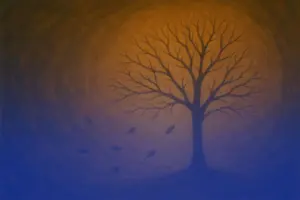 Baum mit fallenden Blättern als Sinnbild für pränatales Trauma, seelische Belastung und körperliche Symptome