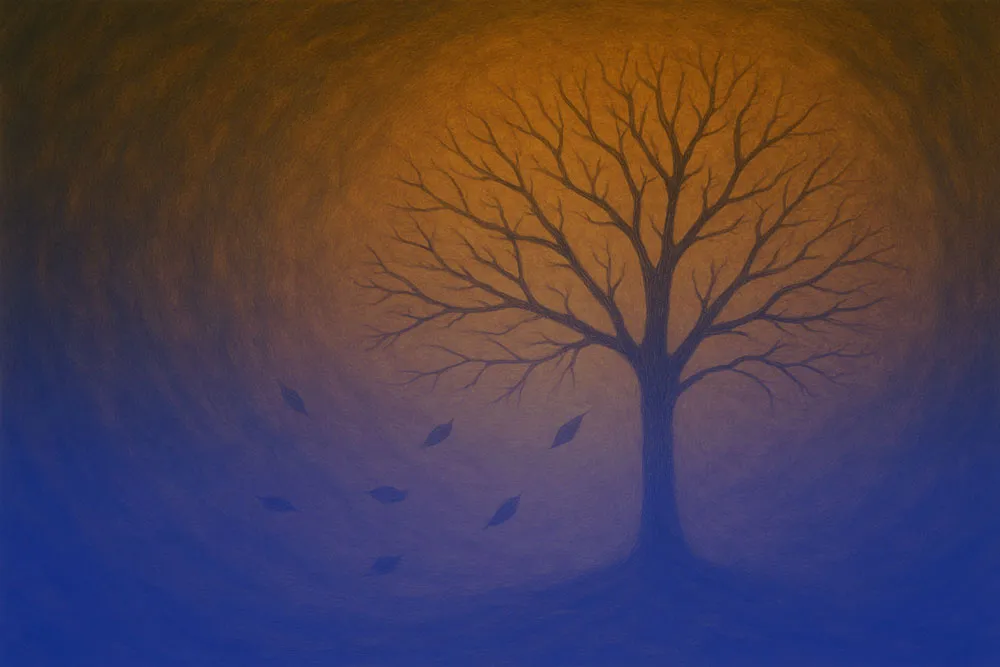 Baum mit fallenden Blättern als Sinnbild für pränatales Trauma, seelische Belastung und körperliche Symptome