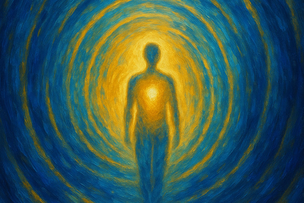 Menschliche Silhouette in leuchtenden Farben und verschiedenen Ebenen