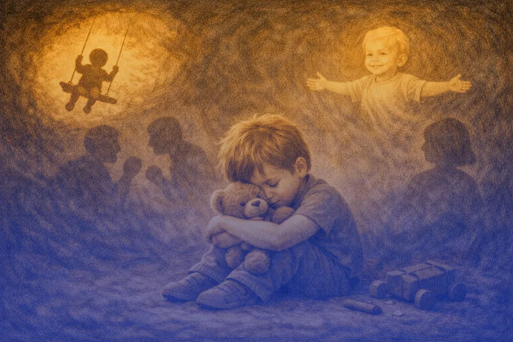 Leuchtendes Kleinkind in einer warmen, gold-blauen Traumwelt – Symbol für das innere Kind, Geborgenheit und frühe Bindung