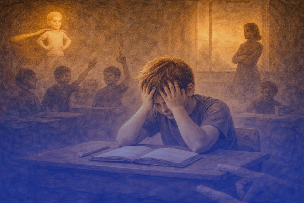 Kind sitzt in der Schule verzweifelt – Symbol für das innere Kind wo es durch Probleme geht